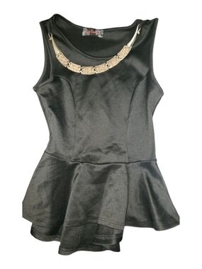 Black Poppy Black Peplum Tank Top with Gold Necklace Detail